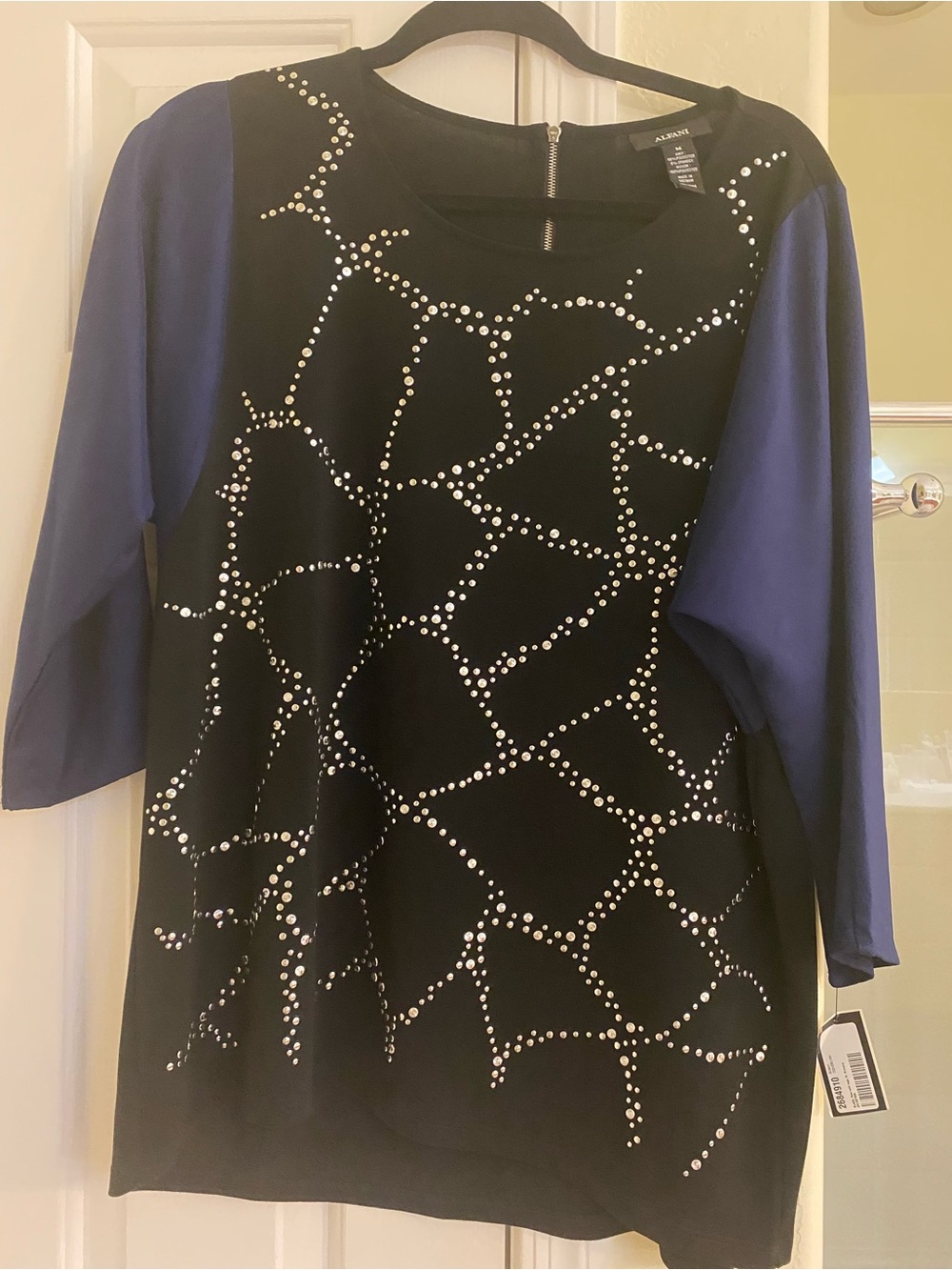 Alfani Black Top with Blue Three-Quarter Sleeves and Silver Stud Detail